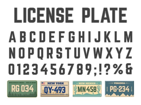 Car license plates alphabet. Vehicle registration signs latin alphabet, license plates numbers and letters illustration set. Automobile license numbers abc font vector