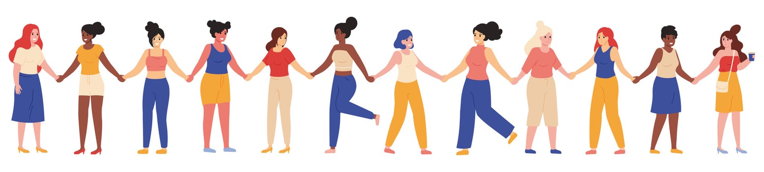 Female friends group. Young female diverse group, happy women stand together and hold hands illustration set. Women friends group vector