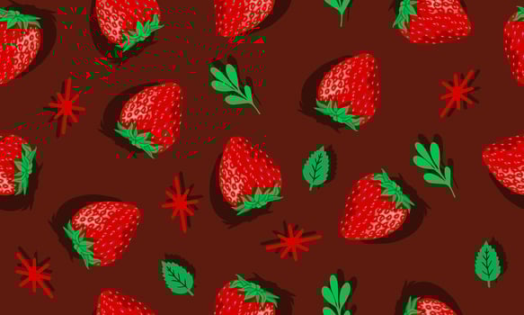 Summer seamless pattern and card design with strawberries and leaves. Beauty red background. vector