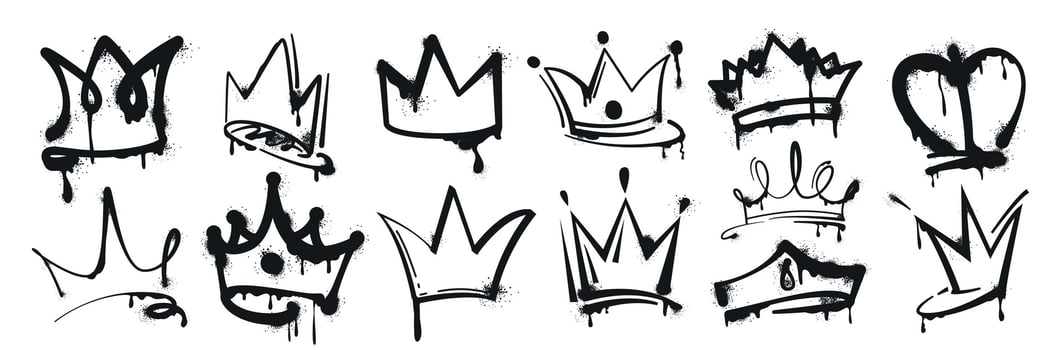 set of spray paint crown. Black graffiti drawing king, queen or prince crowns. Hand drawn princess tiara, diadem with ink splatters and drips. Royal head accessories in grunge street art style. vector