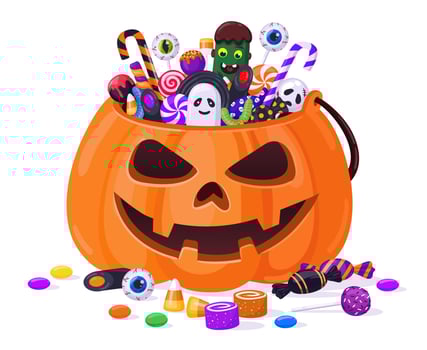 Halloween pumpkin with candies. Cartoon sweets pumpkin basket, lollipops, jelly treats and candy cane illustration. Pumpkin trick or treat bag vector