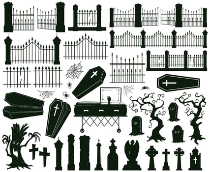 Halloween graveyard silhouettes. Creepy gravestones, tombstones and scary fences illustration set. Halloween graveyard spooky silhouettes vector