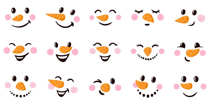 Snowman cartoon faces. Funny snowman faces with various emotions, Christmas holiday snowman emoticons illustration set. Cute snowman faces vector