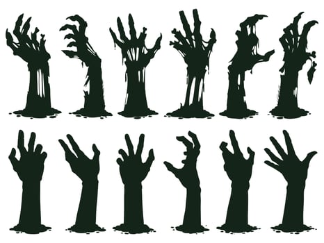 Zombie hands silhouette. Creepy zombie crooked lambs stick out of graveyard ground illustration set. Halloween zombie hands vector