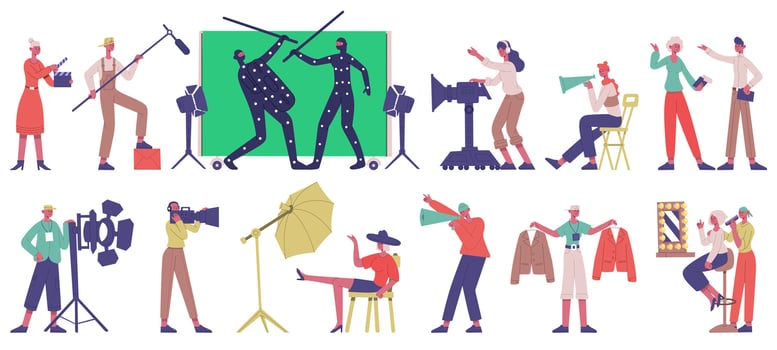 Movie production. Cinema filming shooting locations, actors and film director in movie production process illustration set. Film production crew vector
