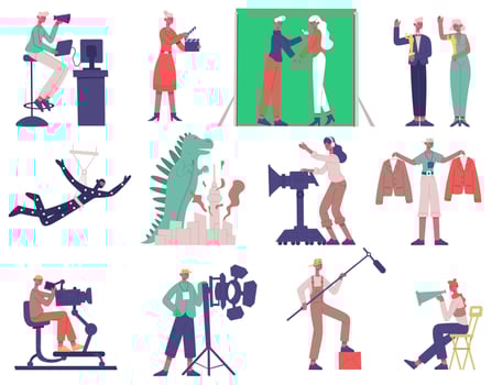 Film shooting characters. Cinema movie production process, film director, cameraman and actors illustration set. Movie production team characters vector