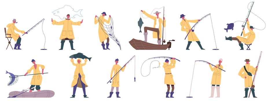 Fishing people. Outdoor fishing sport, hobby recreation, boat or shore fishing fisherman characters illustration set. Cartoon fishing fishermen mascots vector