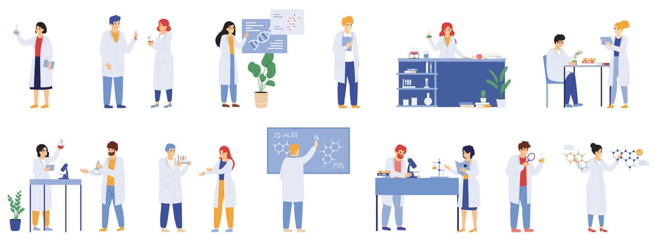 Scientific research. Science lab male and female workers, biologists, chemists and scientist laboratory researchers illustration set. Medical workers vector