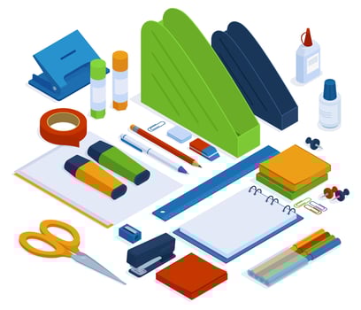 Office supplies. Isometric stationery tools, stapler, ruler, scissors and duct tape, 3d school or office stationery illustration set. Isometric office tools vector