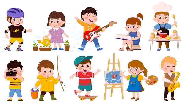 Children hobby. Cartoon school or preschool kids cook, read, draw and play music, creative childrens hobbies illustration set. Active kids hobbies vector