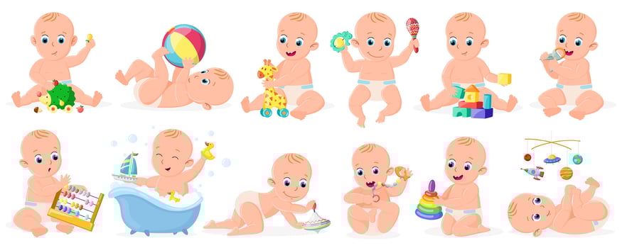Playing babies. Cute infant baby boy or girl playing with ball, pyramid and boat isolated illustration set. Cheerful toddler babies activity vector