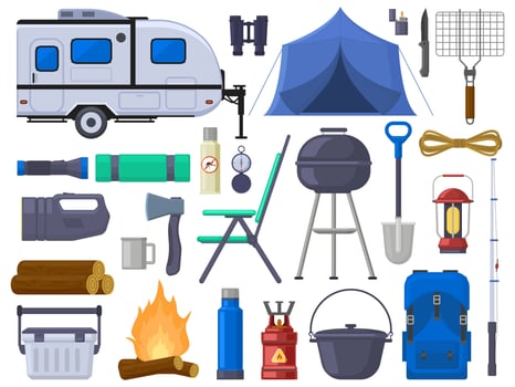 Hiking camping outdoor adventure tourist elements. Nature adventure tent, mobile home, grill, campfire, binoculars illustration set. Outdoor camping equipment vector