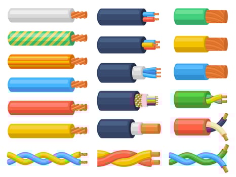 Electric copper core power supply wires cables. Electrical cable wires, flexible electricity equipment illustration set. Hardware electrical cable vector
