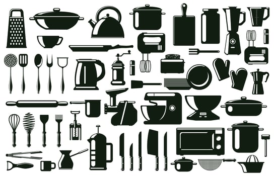 Kitchen cutlery, utensil and cooking tools silhouette elements. Tableware, monochrome culinary tools symbols set. Kitchenware cooking silhouettes vector