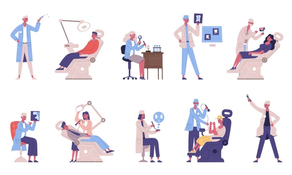 Medical dental teeth checkup doctor and patient characters. Dentist checking teeth, medical dentists examines patient illustration set. Oral hygiene and dental care vector