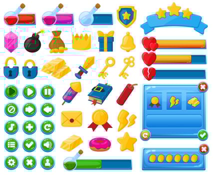 Cartoon mobile game user interface kit elements. Casual game interface menu buttons, trophies and bars illustration set. Mobile game user interface icons vector