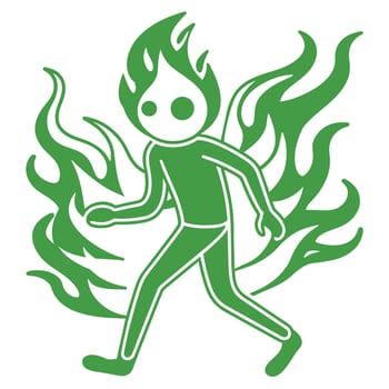 A green humanoid figure engulfed in flames, walking with a flickering body. vector