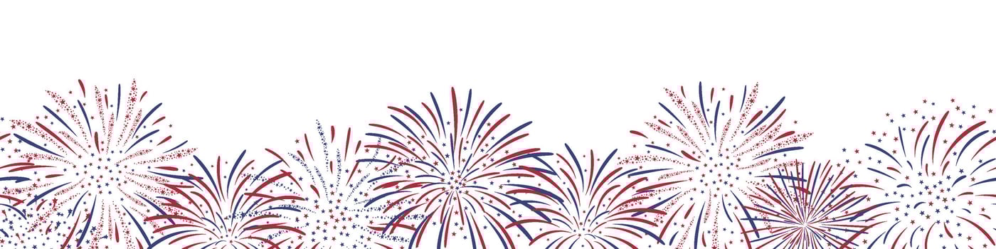 Seamless horizontal Fireworks background in red, blue and white colours for US Independence Day, Bastille Day, 4th of July. Seamless border Isolated on white. For digital paper, cards, banner vector