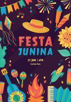 Festa Junina celebration Banner, Poster. Brazil June Festival Design. Folklore Holiday. Guitar, Accordion, Cactus, Sunflower, Campfire on dark background. Festa de Sao Joao vector