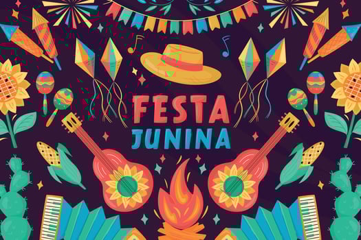 Festa Junina celebration Banner, Poster. Brazil June Festival Design. Folklore Holiday. Guitar, Accordion, Cactus, Sunflower, Campfire on dark background. Festa de Sao Joao vector