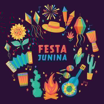 Festa Junina celebration. Brazil June Festival Design. Folklore Holiday. Guitar, Accordion, Cactus, Sunflower, Campfire on dark background. Banner, Card, Poster. Festa de Sao Joao vector