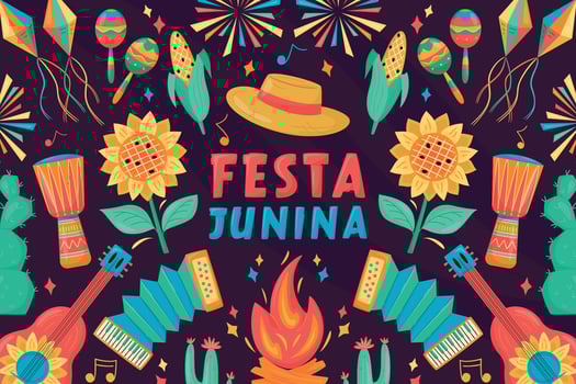Festa Junina celebration Banner, Poster. Brazil June Festival Design. Folklore Holiday. Guitar, Accordion, Cactus, Sunflower, Campfire on dark background. Festa de Sao Joao vector