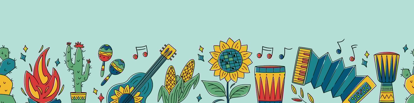 Seamless horizontal Festa Junina celebration border with drum. guitar, sunflower, corn, cactus. For digital paper, cards, banner. Traditional Celebration Festa Junina background vector