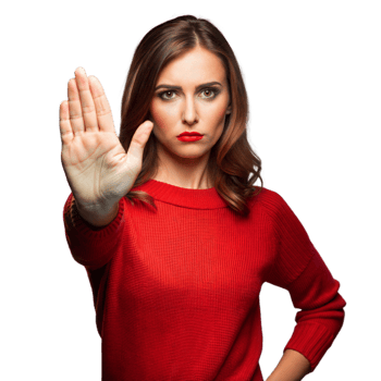Woman making stop gesture with serious expression on transparent background png