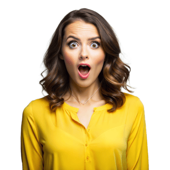 Surprised woman in yellow shirt with wide eyes on transparent background png