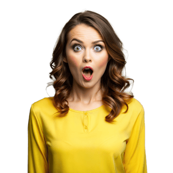 Woman in yellow shirt with surprised expression on transparent background png