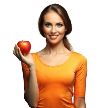 Smiling woman holding red apple on transparent background png