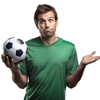 Confused male soccer player holding soccer ball on transparent background png