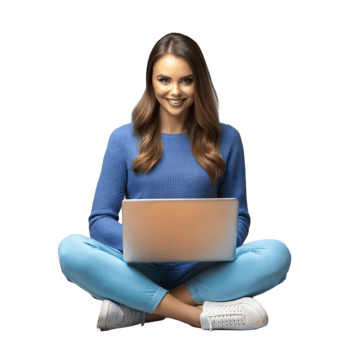 Smiling woman sitting cross-legged with laptop on transparent background png
