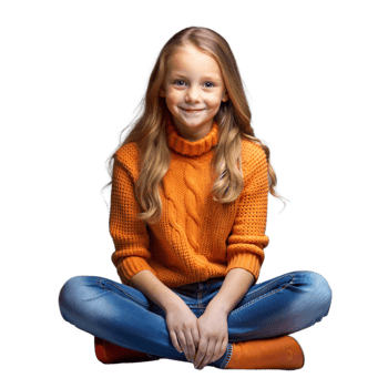 Smiling girl in orange sweater sitting cross-legged on transparent background png