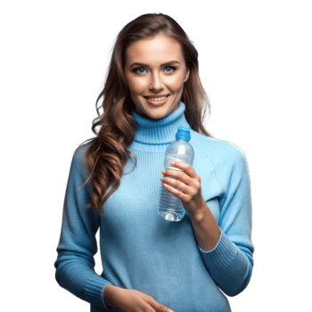 Smiling woman holding a water bottle on a transparent background png