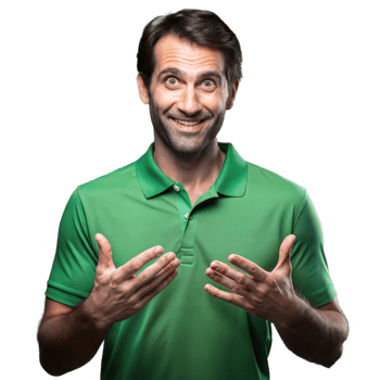 Happy man in green shirt expressing excitement on transparent background png