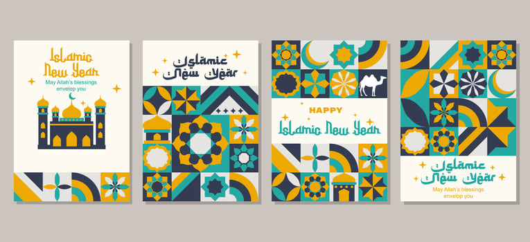 Set of Islamic New Year illustration for a poster banner, cover template, social media template vector