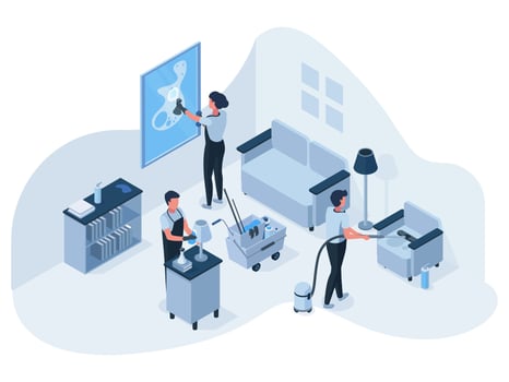 Isometric professional house cleaning service team at work. Cleaning service employees clean, wash and vacuum living room illustration. Professional cleaners team vector