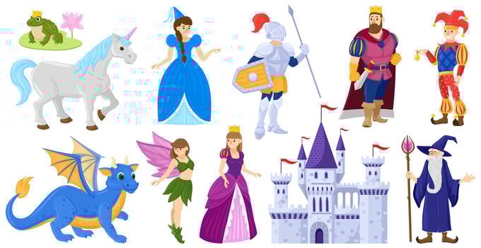 Cartoon fairy tale medieval magic world characters. Fantasy fairy tale princess, unicorn, knight, wizard, dragon illustration set. Fairy tale magical world heroes vector