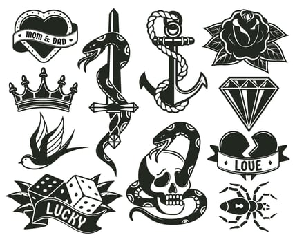 Old school tattoo symbols, heart, knife, knot, roses. Retro tattooing elements snake, crown and dice symbols illustration set. Vintage engraving tattoos vector