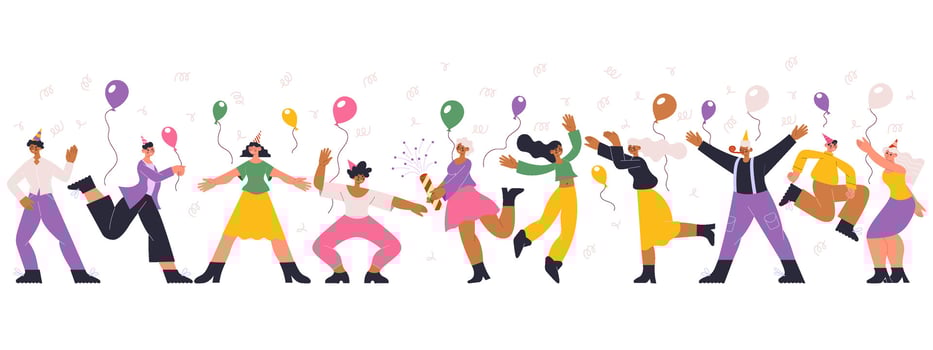 Happy dancing celebrating birthday party holiday people. Dancing festive characters, birthday or new year celebration illustration. Joyful celebrating people vector