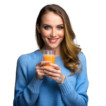 Smiling woman with glass of orange juice on transparent background png