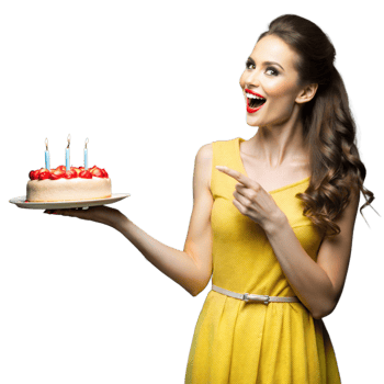 Happy woman holding birthday cake with candles and smiling png