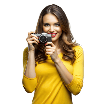 Smiling woman photographing with camera on transparent background png