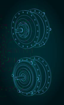 Hub motor for bicycle wheel isometric blueprint vector