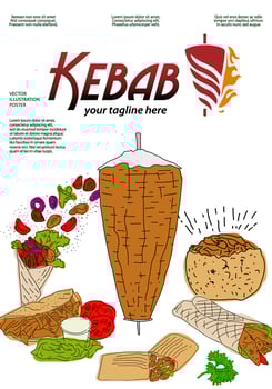 Doner kebab restaurant cafe poster, template design. vector