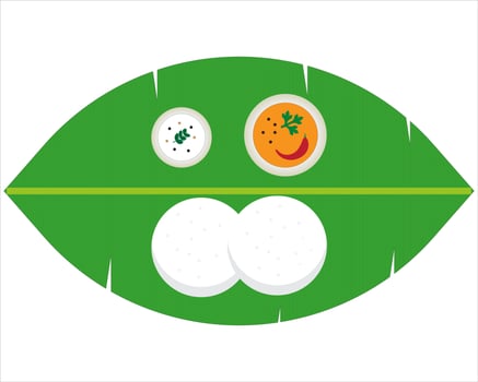 Idly dish along with sambar and chutney served in traditional style with Banana leaf . vector