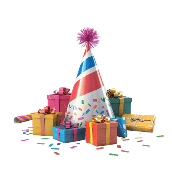 Birthday Party Hat, Gift Boxes And Confetti On a Transparent background png