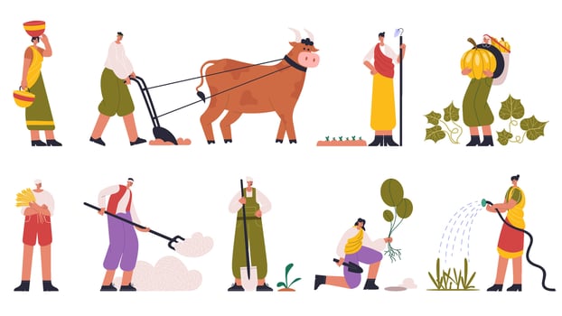 Indian farmers, rural farm characters planting and harvesting. Farmers in traditional clothes plowing soil, planting crops illustration set. Indian farm workers vector