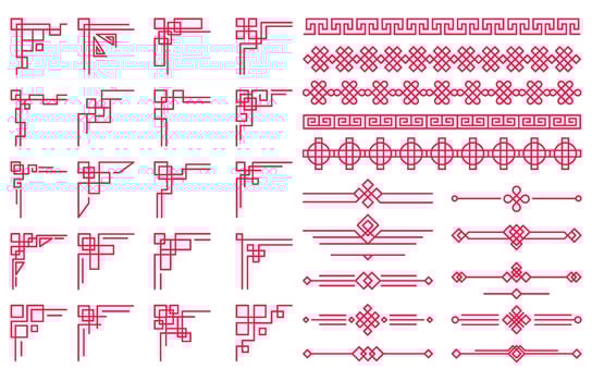 Traditional chinese oriental decorative border elements and separators. Asian festive ornament corners and borders illustration set vector